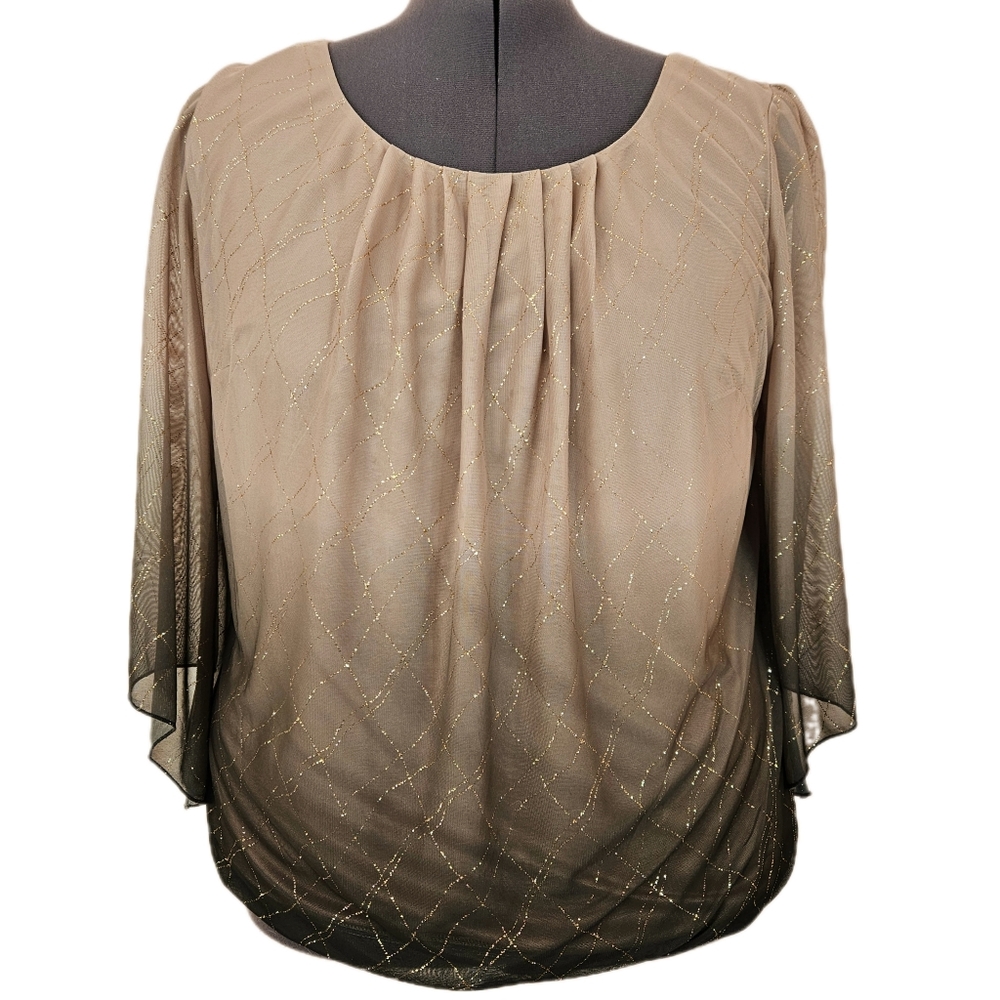 Rebecca Malone Ombre Blouson Top Women's 2X Sheer Glitter Flare Sleeves Retro‎